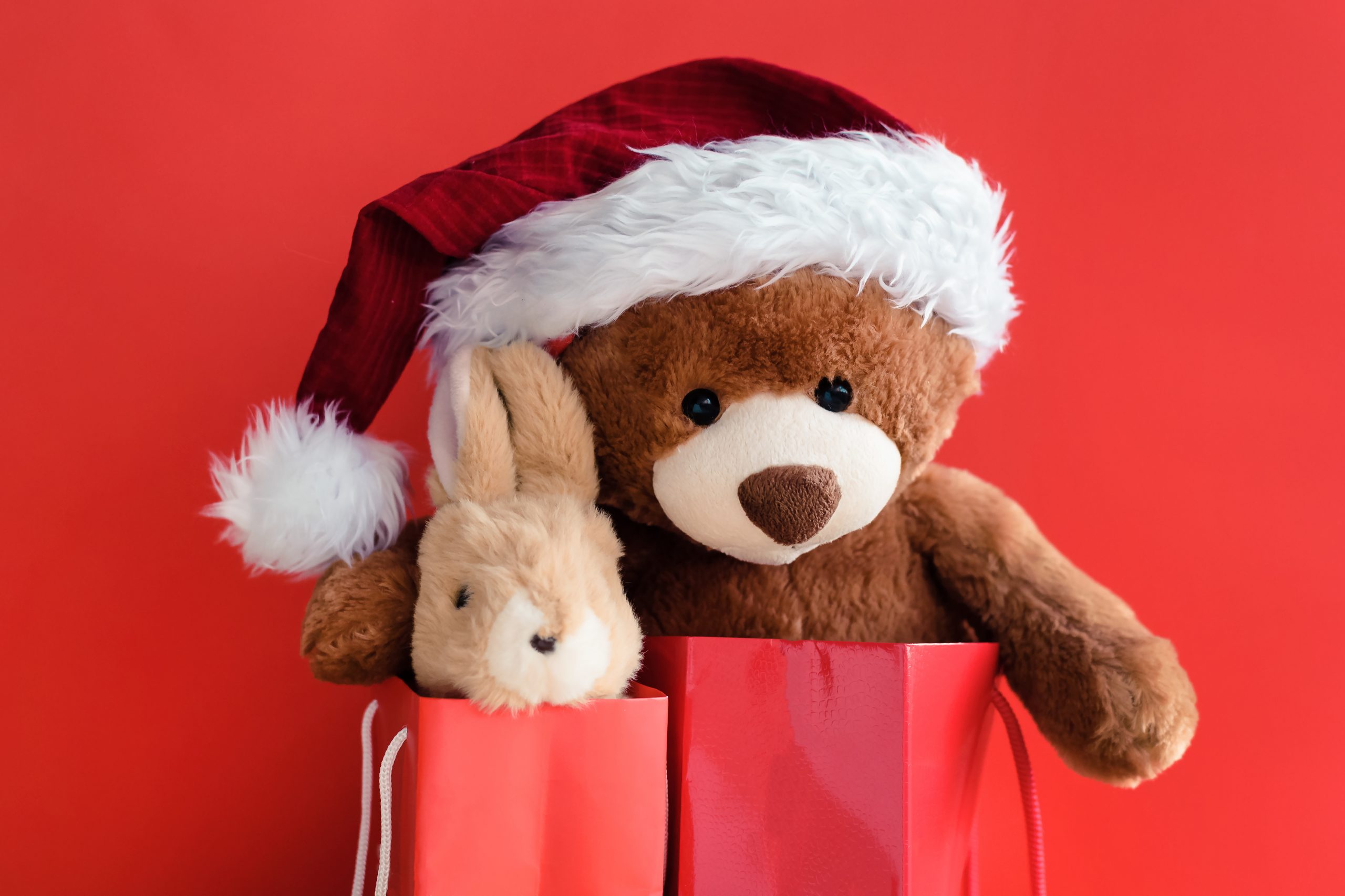 Christmas card with Teddy and banny in red gift bags. With hol